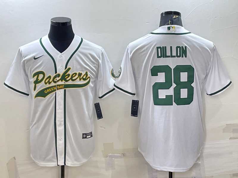 Mens Green Bay Packers #28 AJ Dillon White With Patch Cool Base Stitched Baseball Jersey